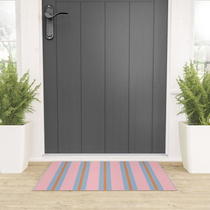 Cute Basic Stripe Pattern in Pink, Light Blue, and Orange Welcome Mat Gallery Image 3