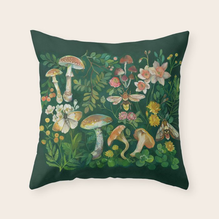 Mushrooms Dandelion Garden Throw Pillow Gallery Image 1