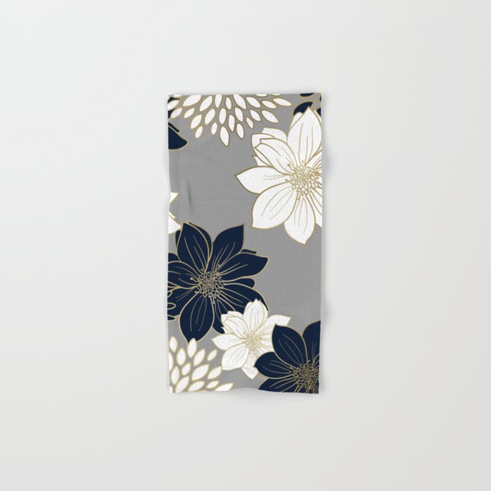 Floral Garden, White, Navy, Grey Bath Towel Gallery Image 1