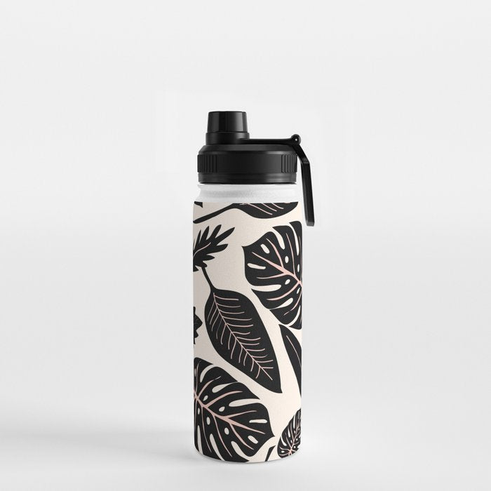 Monstera leaves Black and beige Water Bottle Gallery Image 2