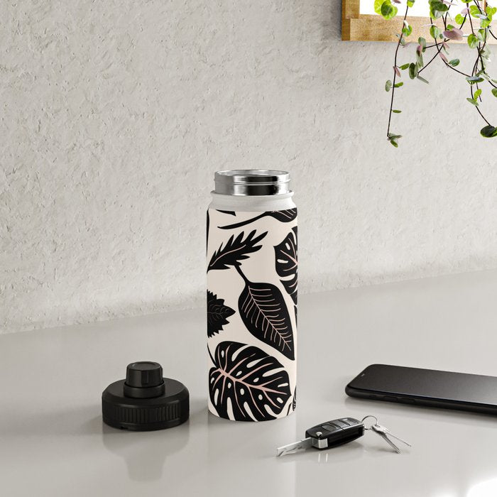 Monstera leaves Black and beige Water Bottle Gallery Image 4