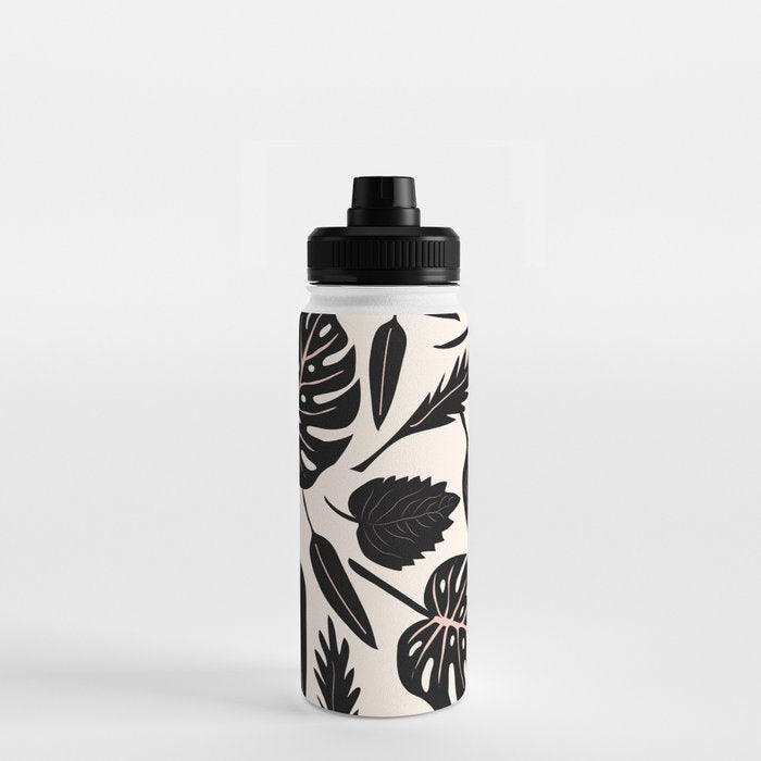 Monstera leaves Black and beige Water Bottle Gallery Image 3