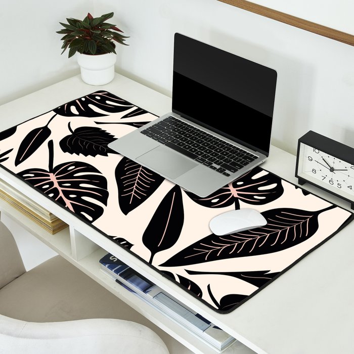 Monstera leaves Black and beige Desk Mat Gallery Image 2
