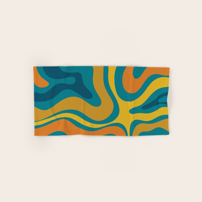 Modern Retro Liquid Swirl Abstract Pattern in Moroccan Teal Blue, Mustard, and Orange Bath Towel Gallery Image 1