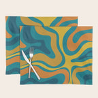 Modern Retro Liquid Swirl Abstract Pattern in Moroccan Teal Blue, Mustard, and Orange Placemat Gallery Image 1