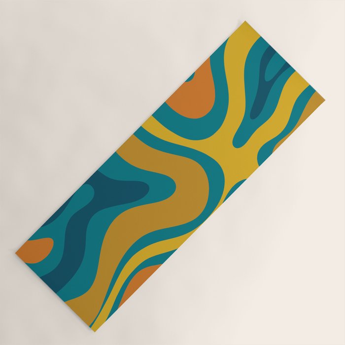 Modern Retro Liquid Swirl Abstract Pattern in Moroccan Teal Blue, Mustard, and Orange Yoga Mat Gallery Image 1