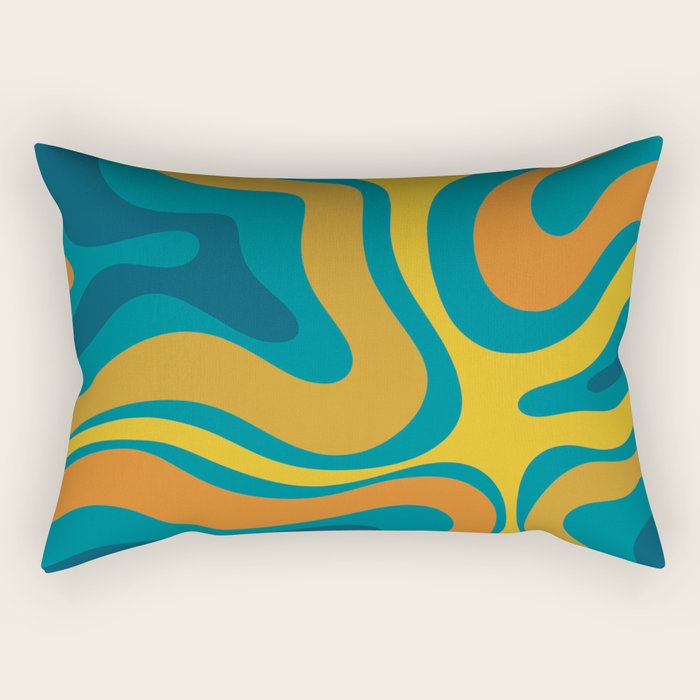 Modern Retro Liquid Swirl Abstract Pattern in Moroccan Teal Blue, Mustard, and Orange Rectangular Pillow Gallery Image 1
