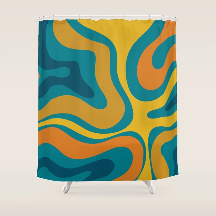 Modern Retro Liquid Swirl Abstract Pattern in Moroccan Teal Blue, Mustard, and Orange Shower Curtain Gallery Image 1