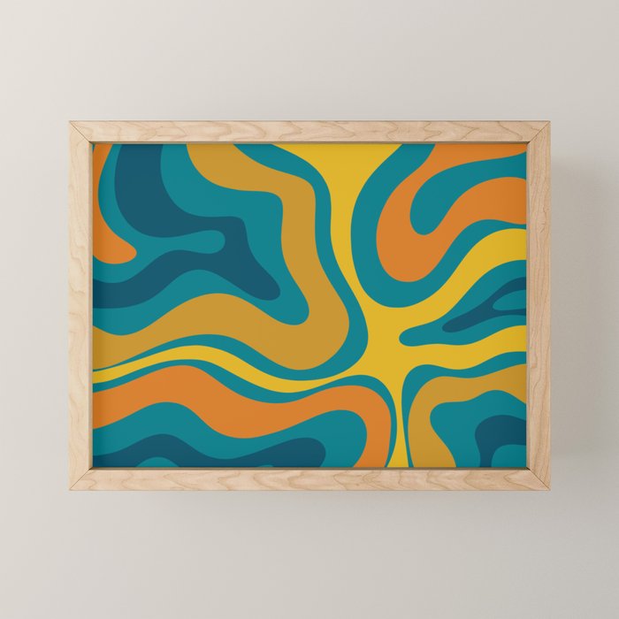 Modern Retro Liquid Swirl Abstract Pattern in Moroccan Teal Blue, Mustard, and Orange Mini Art Print Gallery Image 1