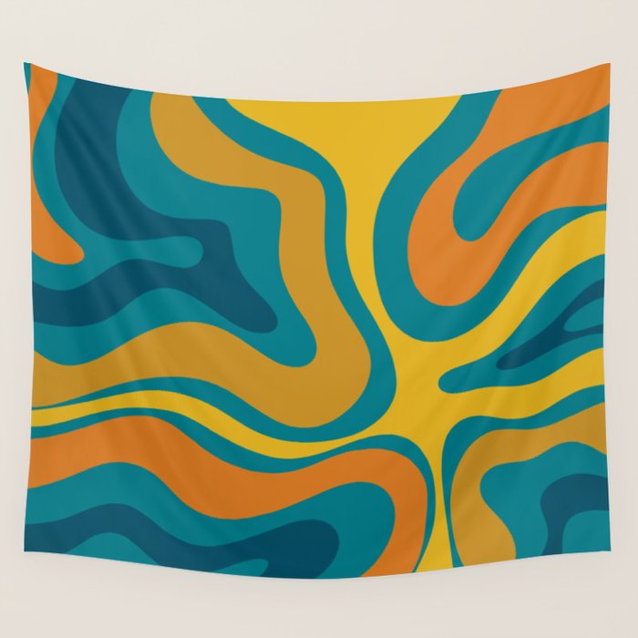 Modern Retro Liquid Swirl Abstract Pattern in Moroccan Teal Blue, Mustard, and Orange Wall Tapestry Gallery Image 4