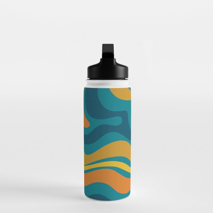 Modern Retro Liquid Swirl Abstract Pattern in Moroccan Teal Blue, Mustard, and Orange Water Bottle Gallery Image 3