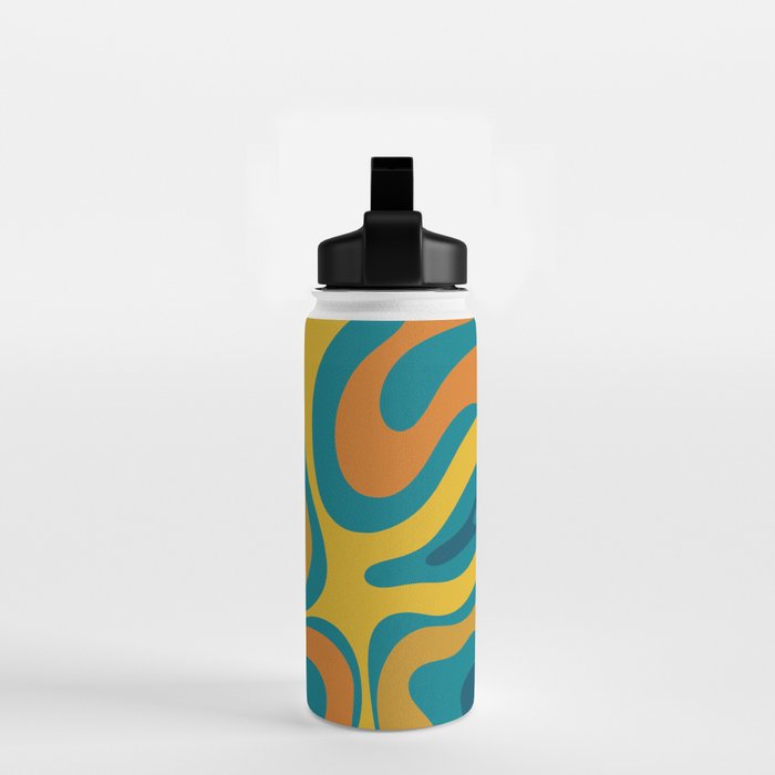 Modern Retro Liquid Swirl Abstract Pattern in Moroccan Teal Blue, Mustard, and Orange Water Bottle Gallery Image 2
