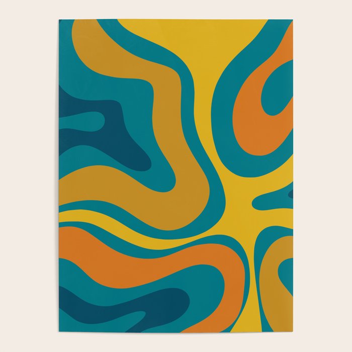 Modern Retro Liquid Swirl Abstract Pattern in Moroccan Teal Blue, Mustard, and Orange Poster Gallery Image 1