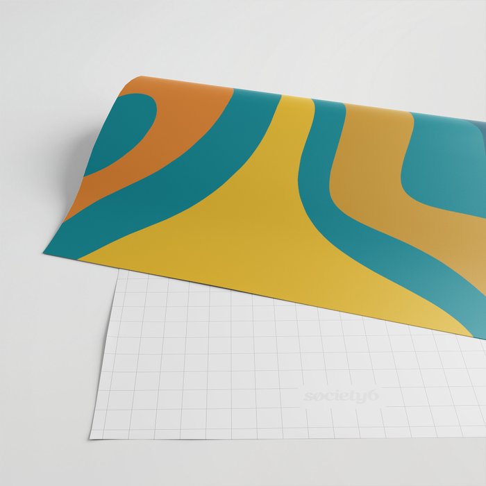 Modern Retro Liquid Swirl Abstract Pattern in Moroccan Teal Blue, Mustard, and Orange Wrapping Paper Gallery Image 2