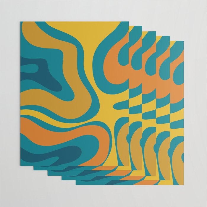 Modern Retro Liquid Swirl Abstract Pattern in Moroccan Teal Blue, Mustard, and Orange Wrapping Paper Gallery Image 3