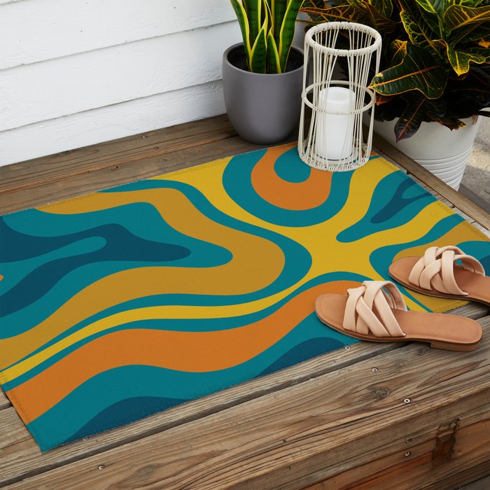 Modern Retro Liquid Swirl Abstract Pattern in Moroccan Teal Blue, Mustard, and Orange Outdoor Rug Gallery Image 2