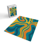 Modern Retro Liquid Swirl Abstract Pattern in Moroccan Teal Blue, Mustard, and Orange Jigsaw Puzzle Gallery Image 2