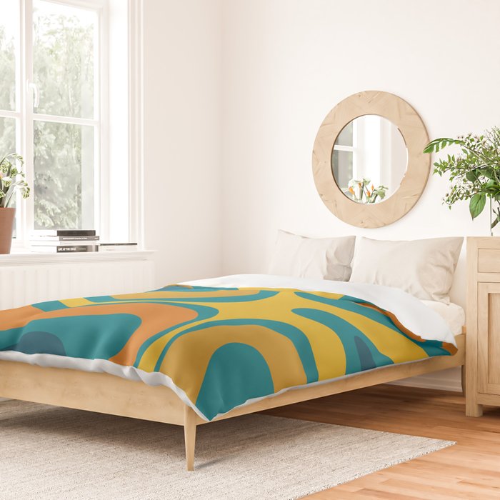 Modern Retro Liquid Swirl Abstract Pattern in Moroccan Teal Blue, Mustard, and Orange Duvet Cover Gallery Image 2