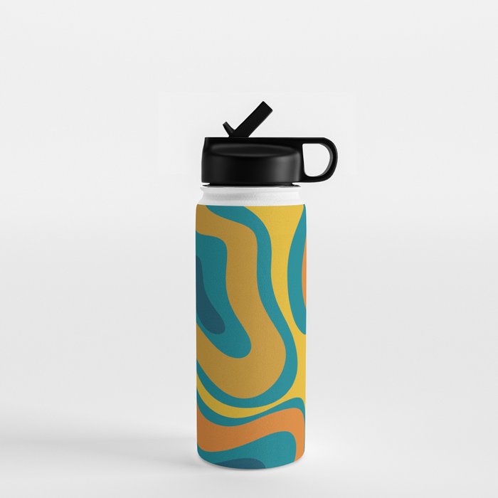 Modern Retro Liquid Swirl Abstract Pattern in Moroccan Teal Blue, Mustard, and Orange Water Bottle Gallery Image 1