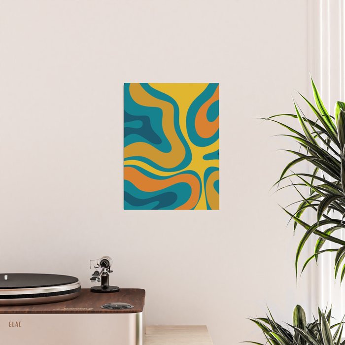 Modern Retro Liquid Swirl Abstract Pattern in Moroccan Teal Blue, Mustard, and Orange Poster Gallery Image 2