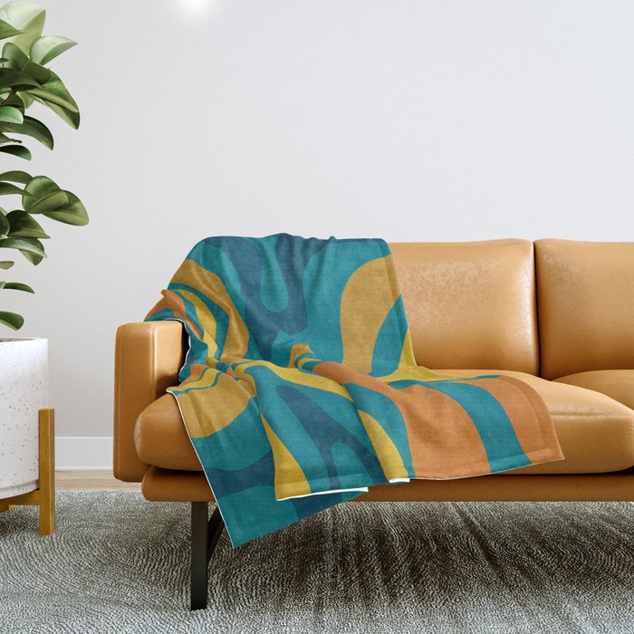 Modern Retro Liquid Swirl Abstract Pattern in Moroccan Teal Blue, Mustard, and Orange Throw Blanket Gallery Image 1