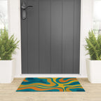 Modern Retro Liquid Swirl Abstract Pattern in Moroccan Teal Blue, Mustard, and Orange Welcome Mat Gallery Image 3