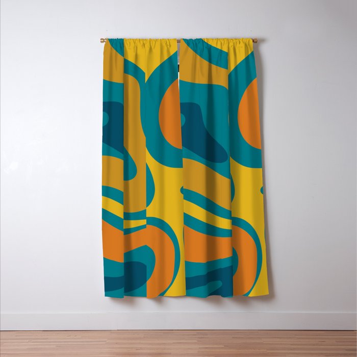 Modern Retro Liquid Swirl Abstract Pattern in Moroccan Teal Blue, Mustard, and Orange Window Curtain Gallery Image 3