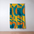 Modern Retro Liquid Swirl Abstract Pattern in Moroccan Teal Blue, Mustard, and Orange Window Curtain Gallery Image 3