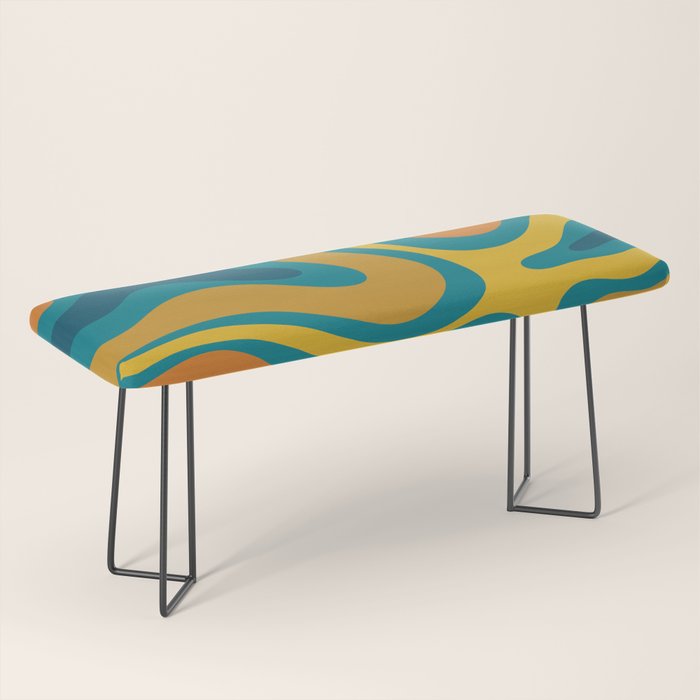 Modern Retro Liquid Swirl Abstract Pattern in Moroccan Teal Blue, Mustard, and Orange Bench Gallery Image 1