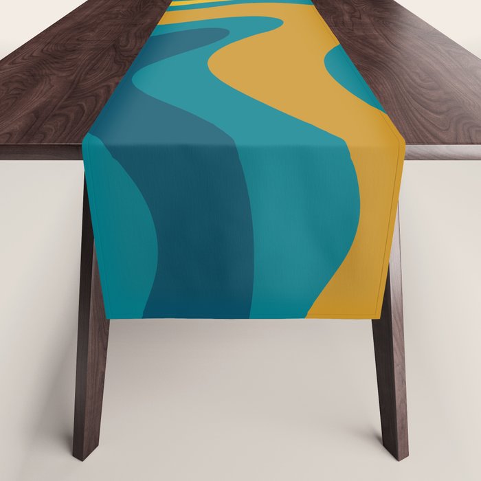 Modern Retro Liquid Swirl Abstract Pattern in Moroccan Teal Blue, Mustard, and Orange Table Runner Gallery Image 1