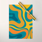 Modern Retro Liquid Swirl Abstract Pattern in Moroccan Teal Blue, Mustard, and Orange Wrapping Paper Gallery Image 1