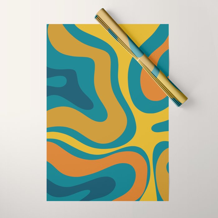 Modern Retro Liquid Swirl Abstract Pattern in Moroccan Teal Blue, Mustard, and Orange Wrapping Paper Gallery Image 1