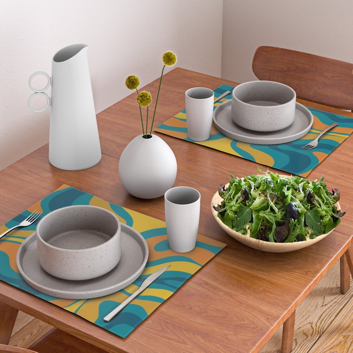 Modern Retro Liquid Swirl Abstract Pattern in Moroccan Teal Blue, Mustard, and Orange Placemat Gallery Image 2