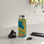 Modern Retro Liquid Swirl Abstract Pattern in Moroccan Teal Blue, Mustard, and Orange Water Bottle Gallery Image 4