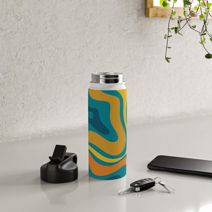 Modern Retro Liquid Swirl Abstract Pattern in Moroccan Teal Blue, Mustard, and Orange Water Bottle Gallery Image 4