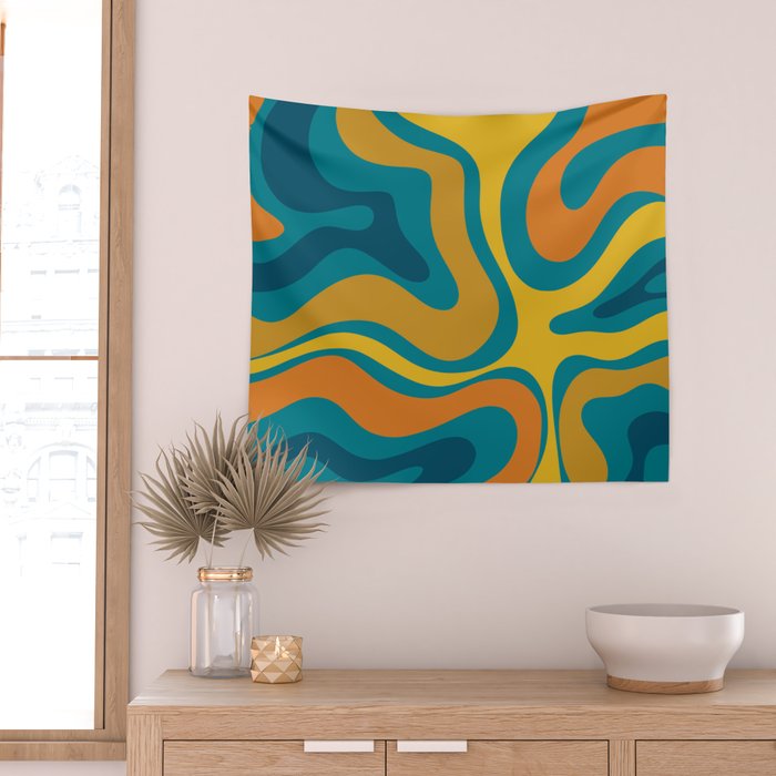 Modern Retro Liquid Swirl Abstract Pattern in Moroccan Teal Blue, Mustard, and Orange Wall Tapestry Gallery Image 2