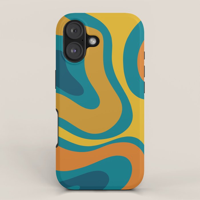 Modern Retro Liquid Swirl Abstract Pattern in Moroccan Teal Blue, Mustard, and Orange iPhone Case Gallery Image 1