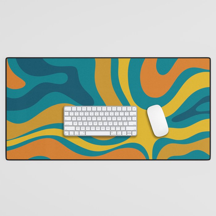 Modern Retro Liquid Swirl Abstract Pattern in Moroccan Teal Blue, Mustard, and Orange Desk Mat Gallery Image 1