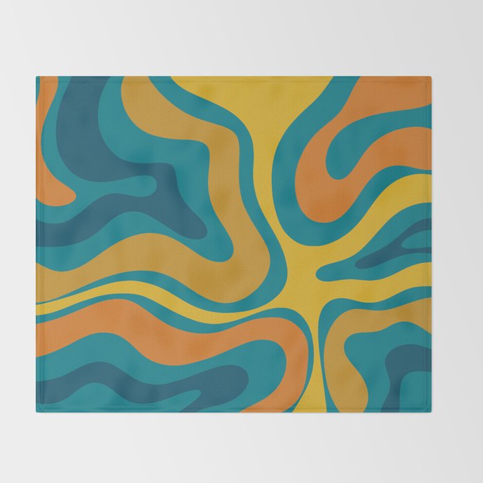 Modern Retro Liquid Swirl Abstract Pattern in Moroccan Teal Blue, Mustard, and Orange Throw Blanket Gallery Image 2