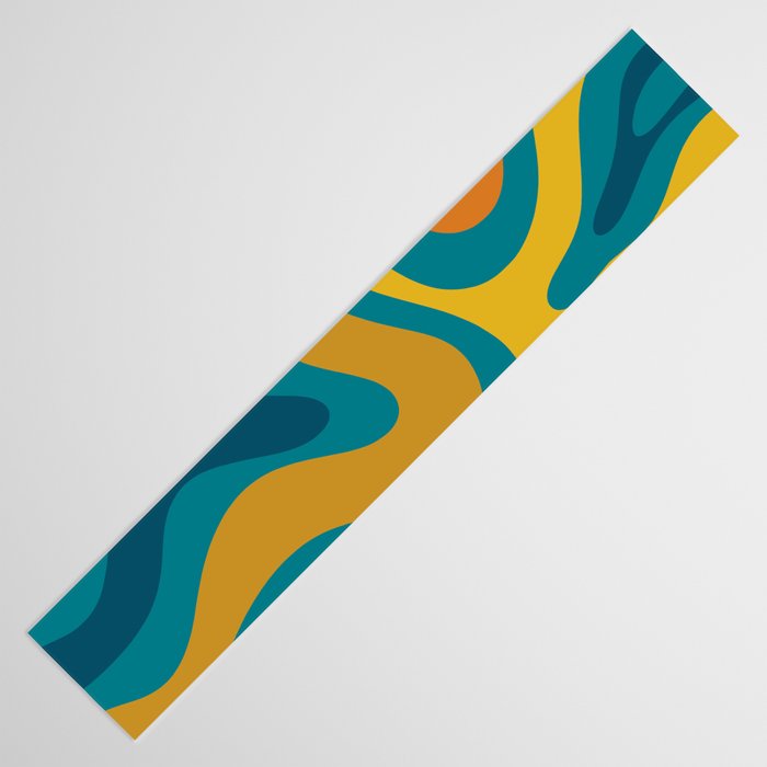 Modern Retro Liquid Swirl Abstract Pattern in Moroccan Teal Blue, Mustard, and Orange Table Runner Gallery Image 3