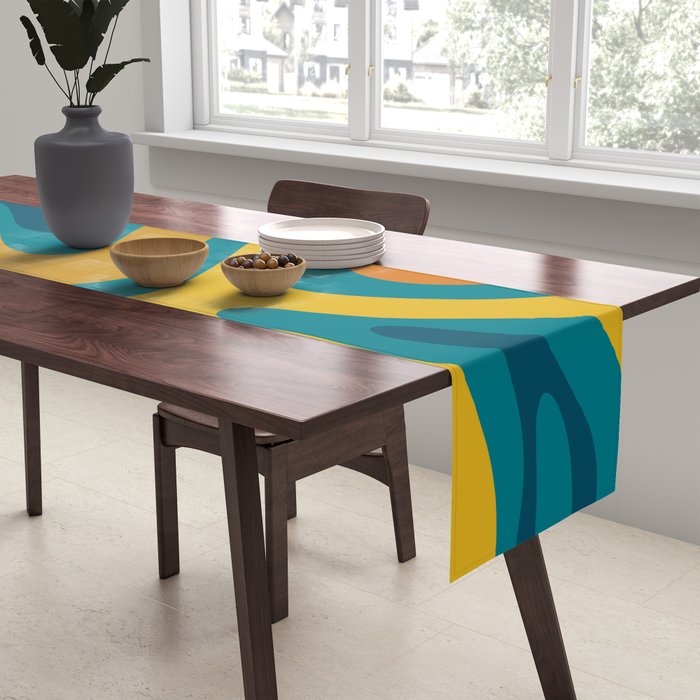 Modern Retro Liquid Swirl Abstract Pattern in Moroccan Teal Blue, Mustard, and Orange Table Runner Gallery Image 2