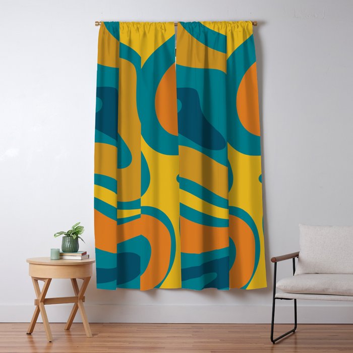 Modern Retro Liquid Swirl Abstract Pattern in Moroccan Teal Blue, Mustard, and Orange Window Curtain Gallery Image 1