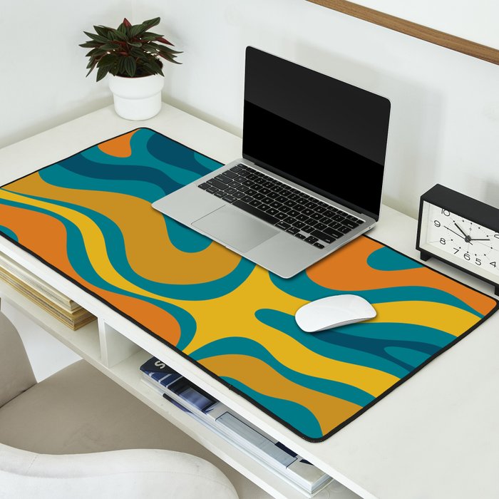 Modern Retro Liquid Swirl Abstract Pattern in Moroccan Teal Blue, Mustard, and Orange Desk Mat Gallery Image 2