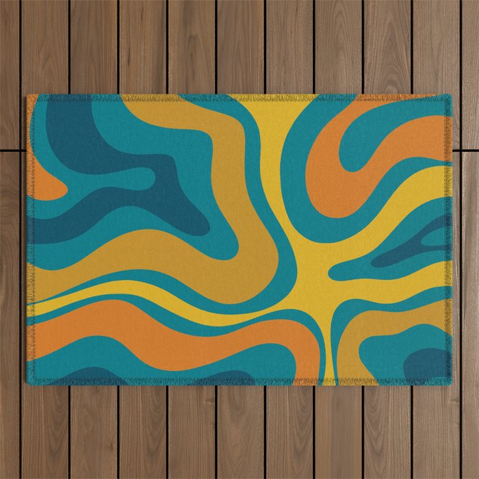 Modern Retro Liquid Swirl Abstract Pattern in Moroccan Teal Blue, Mustard, and Orange Outdoor Rug Gallery Image 1