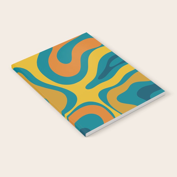 Modern Retro Liquid Swirl Abstract Pattern in Moroccan Teal Blue, Mustard, and Orange Notebook Gallery Image 2
