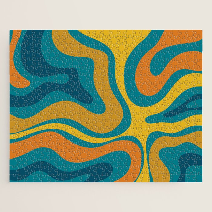 Modern Retro Liquid Swirl Abstract Pattern in Moroccan Teal Blue, Mustard, and Orange Jigsaw Puzzle Gallery Image 1