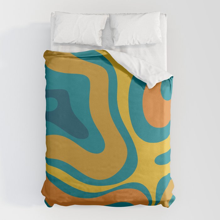 Modern Retro Liquid Swirl Abstract Pattern in Moroccan Teal Blue, Mustard, and Orange Duvet Cover Gallery Image 6