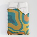 Modern Retro Liquid Swirl Abstract Pattern in Moroccan Teal Blue, Mustard, and Orange Duvet Cover Gallery Image 6