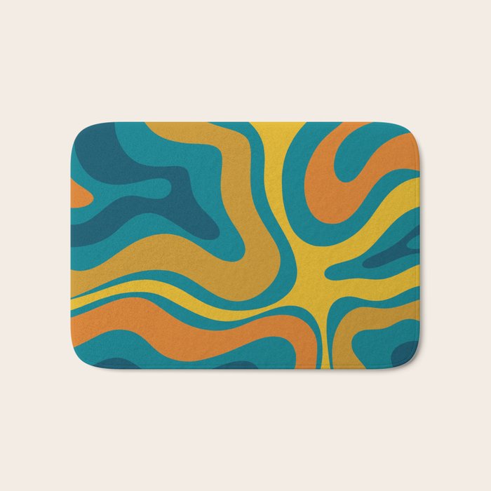Modern Retro Liquid Swirl Abstract Pattern in Moroccan Teal Blue, Mustard, and Orange Bath Mat Gallery Image 1