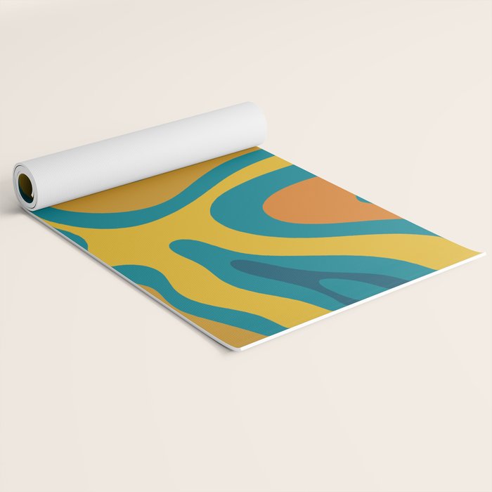 Modern Retro Liquid Swirl Abstract Pattern in Moroccan Teal Blue, Mustard, and Orange Yoga Mat Gallery Image 2